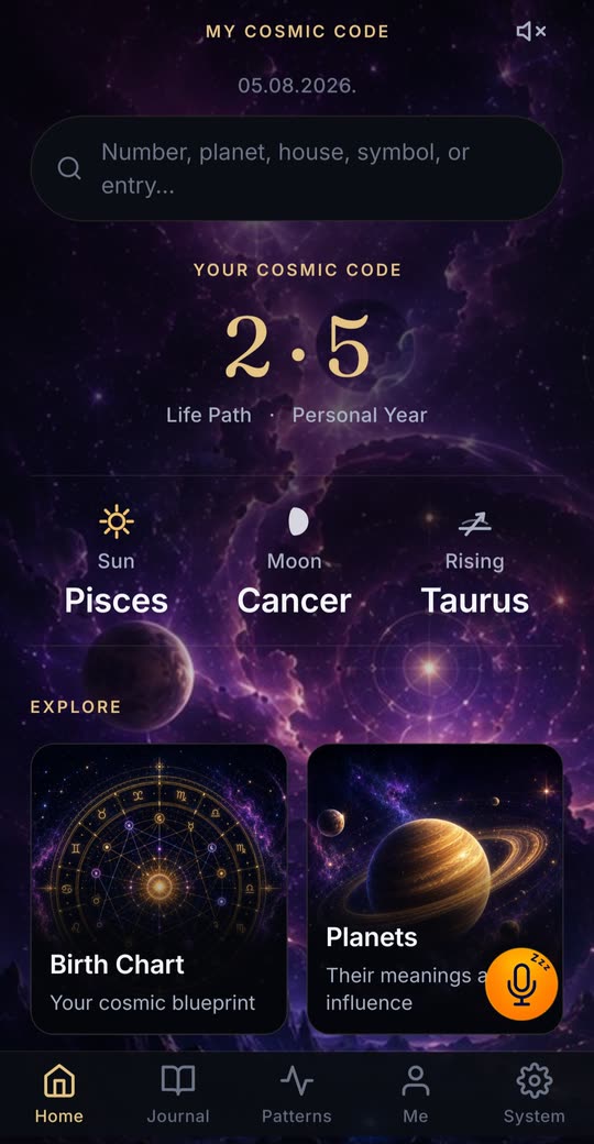 Home screen: your Cosmic Code — Life Path and Personal Year — with Sun, Moon and Rising signs